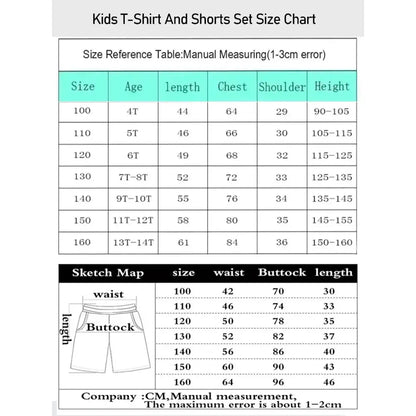 Kids t-shirt and shorts size chart with detailed measurements for izuku midoriya athleisure quick-dry hero academia set