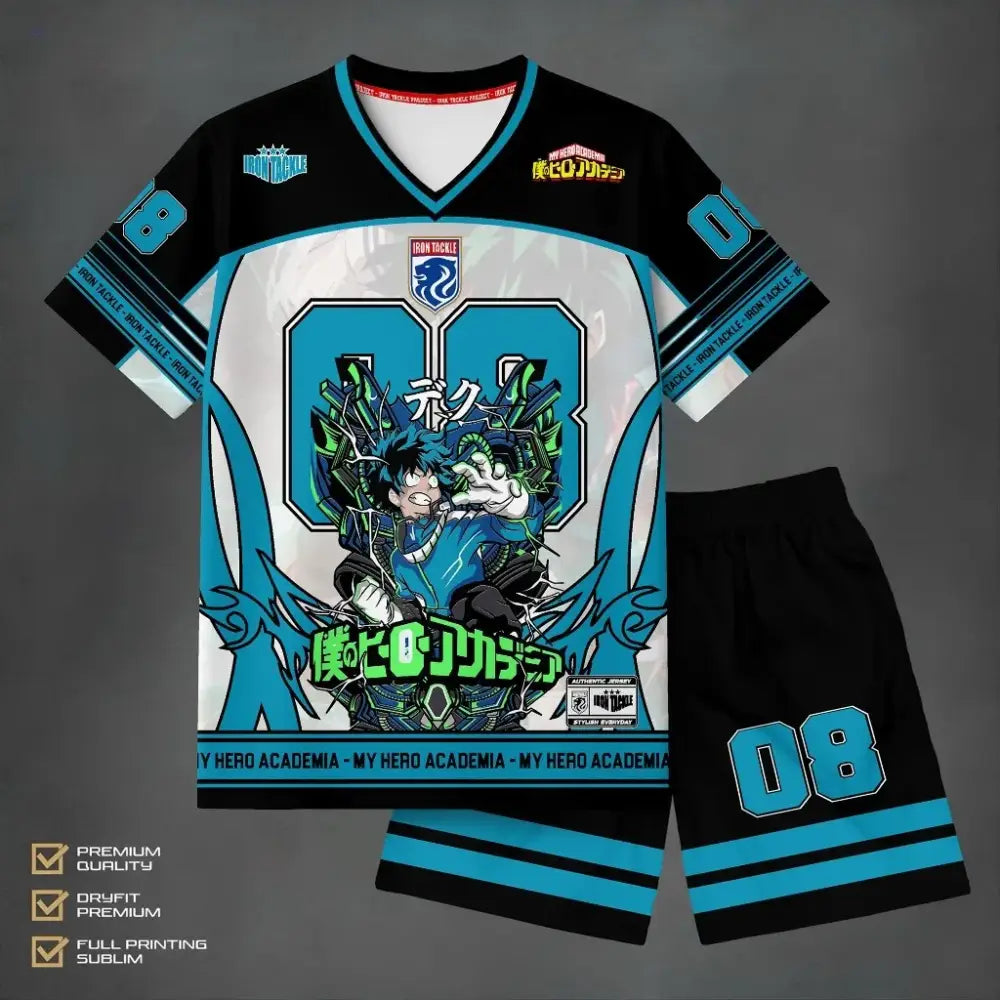 Black and teal my hero academia izuku midoriya athleisure set featuring quick-dry fabric and large graphic print
