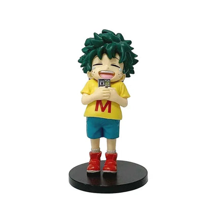 Chibi-style my hero academia izuku midoriya pvc figure with green hair yellow shirt and red boots in different forms