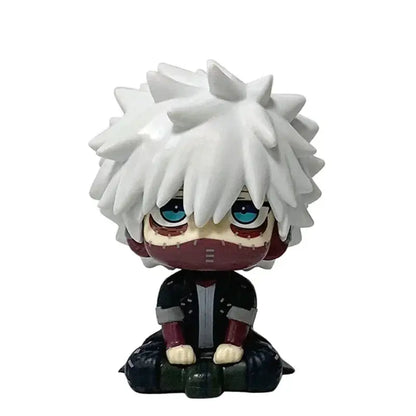 My Hero Academia Izuku Midoriya PVC figure with white hair blue eyes stitched mask and black outfit in seated pose