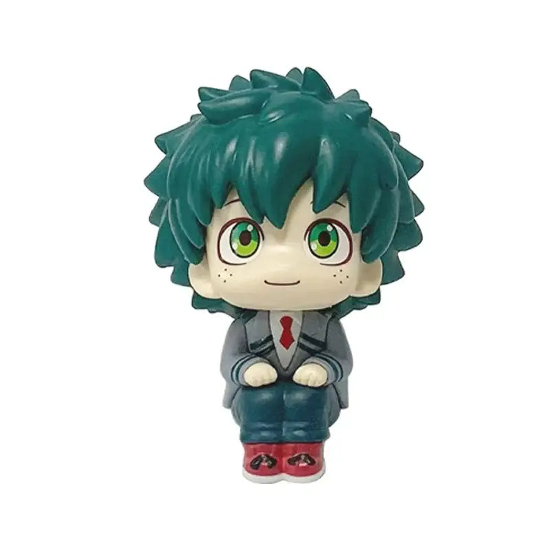Chibi-style my hero academia izuku midoriya pvc figure with spiky teal hair and gray school uniform with red tie and shoes