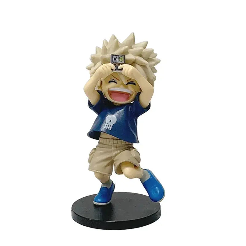 My hero academia izuku midoriya pvc figure with blonde spiky hair in blue t-shirt and beige shorts on black base