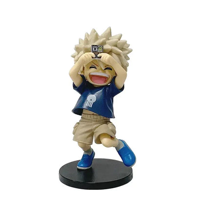My hero academia izuku midoriya pvc figure with blonde spiky hair in blue t-shirt and beige shorts on black base