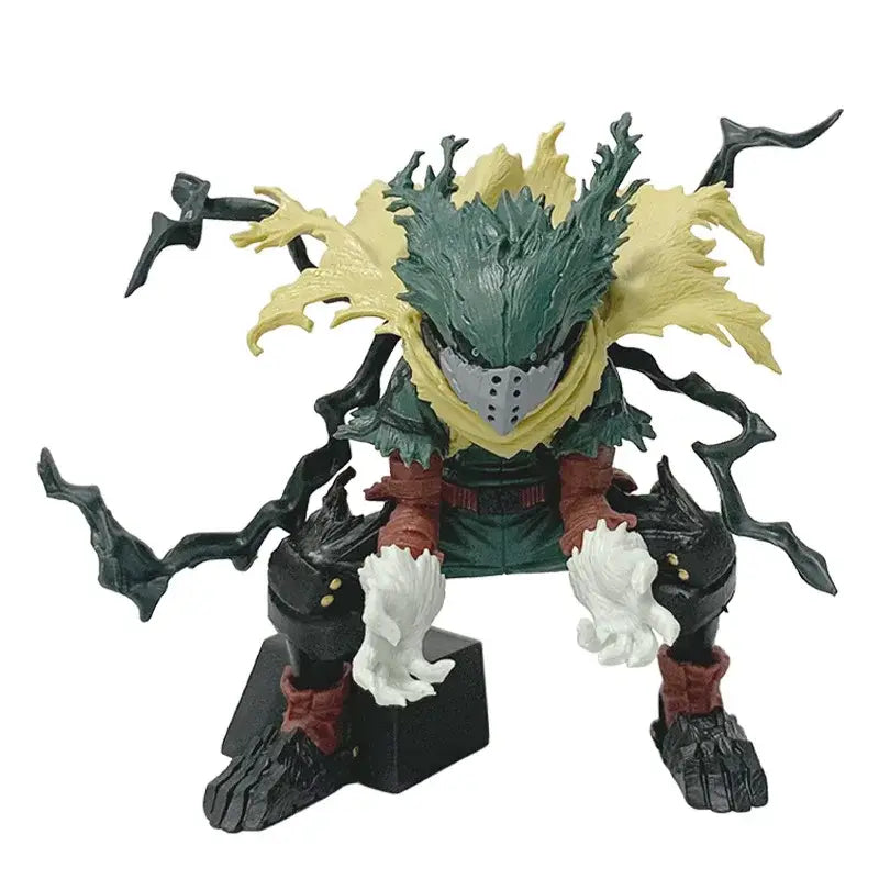 A detailed my hero academia izuku midoriya pvc figure with green and yellow spiky hair and dark armor with red gloves