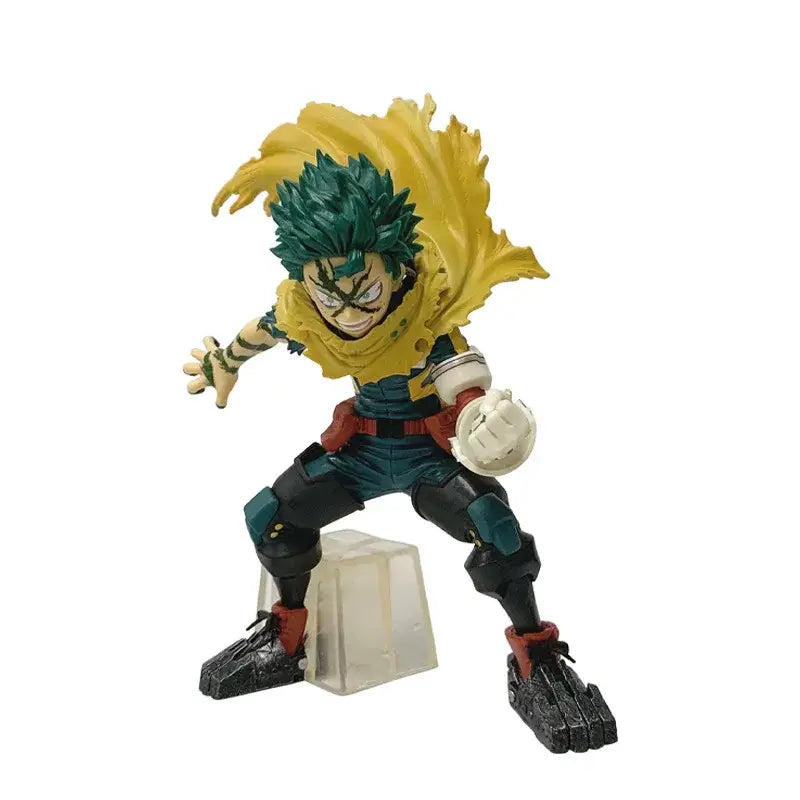 My hero academia izuku midoriya pvc figure with green spiky hair yellow cape and blue red suit on clear base