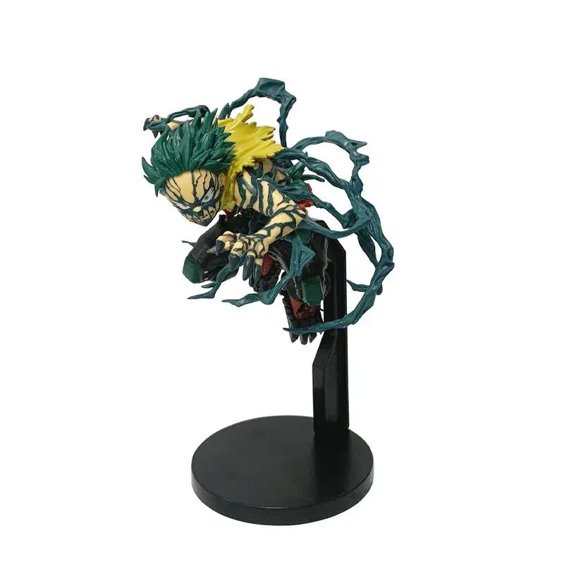 A detailed pvc figure of izuku midoriya from hero academia with spiky green and yellow hair and dark teal vines