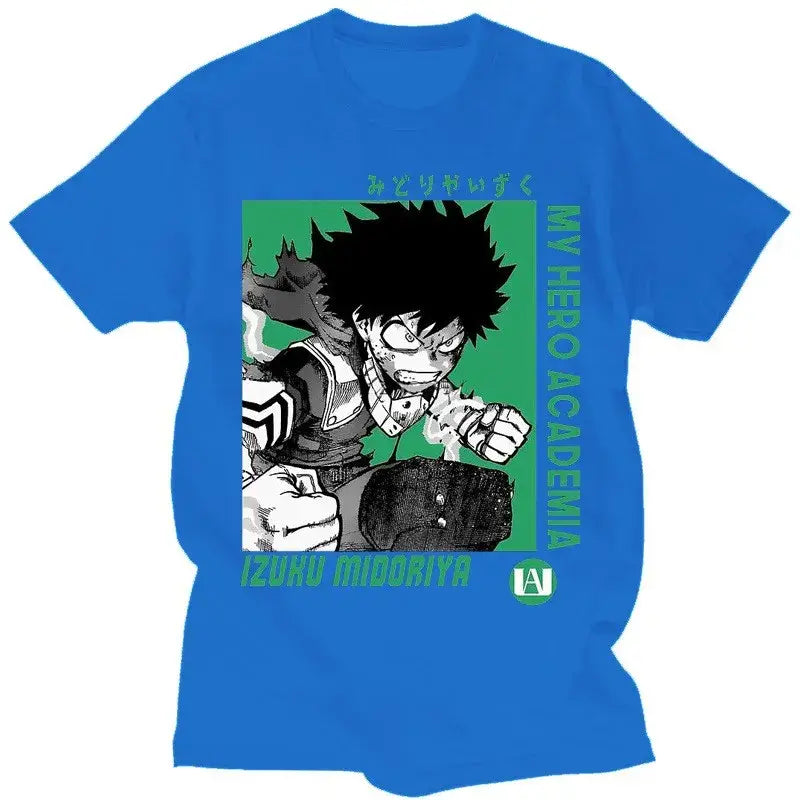 Bright blue short sleeve t-shirt featuring a black and white izuku midoriya illustration from my hero academia with green text and logo