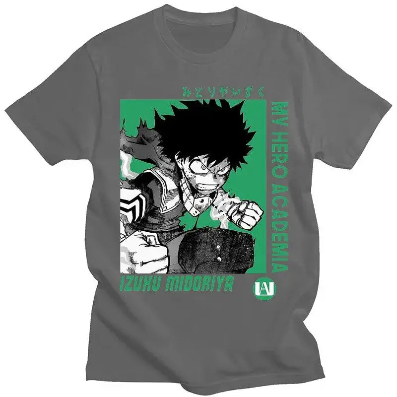 Gray short sleeve t-shirt featuring a green and black izuku midoriya graphic from hero academia for casual wear