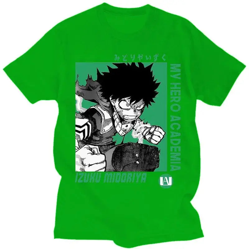 Bright green short-sleeve hero academia t-shirt featuring black and white izuku midoriya illustration and teal text