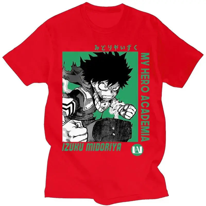 Red short-sleeved hero academia t-shirt featuring izuku midoriya graphic with green text and logo