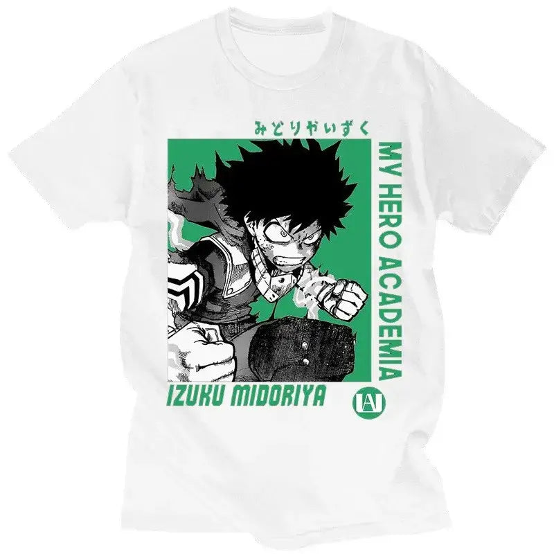 White short sleeve t-shirt featuring a bold green and black graphic of izuku midoriya from hero academia with name below