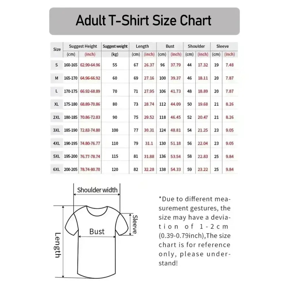 Adult t-shirt size chart for my hero academia izuku midoriya tee with measurements in cm and inches s to 6xl