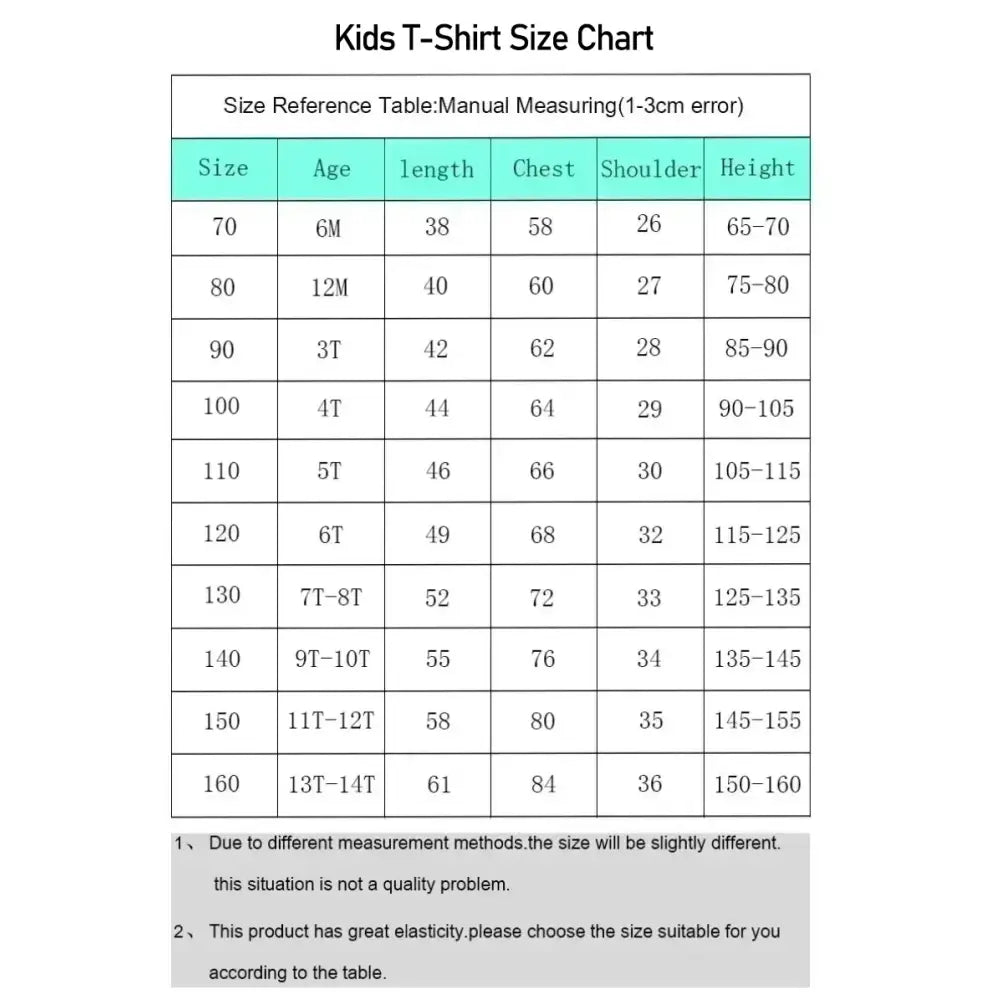 Kids t-shirt size chart for my hero academia izuku midoriya tee athleisure fit showing measurements from 70 to 160