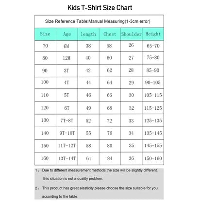 Kids t-shirt size chart for my hero academia izuku midoriya tee athleisure fit showing measurements from 70 to 160