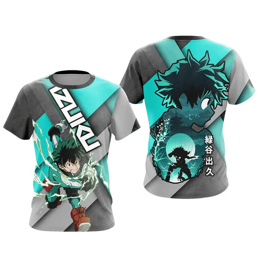 Teal and gray short-sleeved athleisure fit tee featuring all-over Deku izuku midoriya print from hero academia