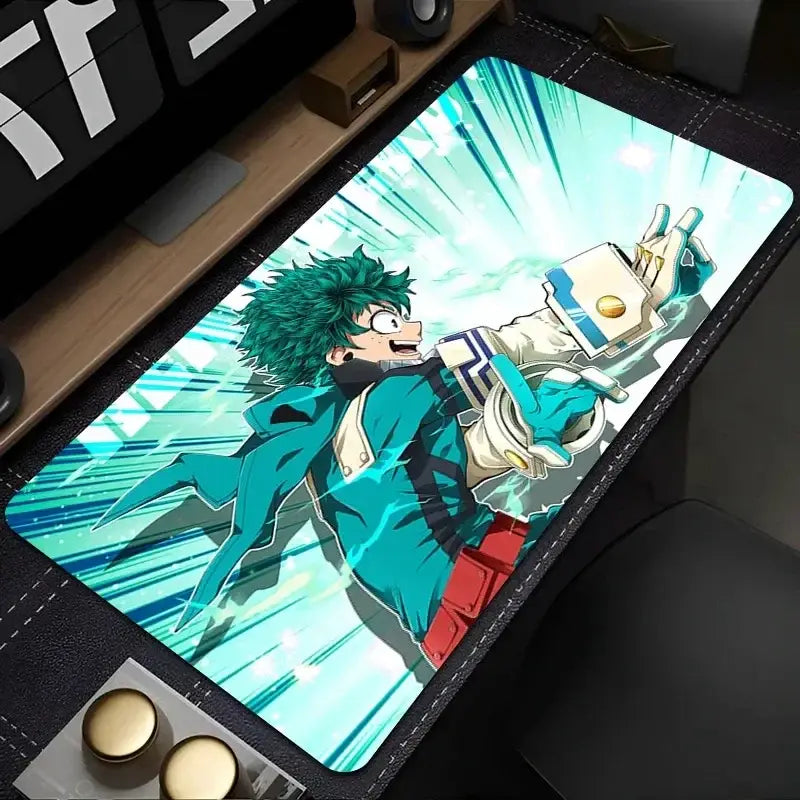 A vibrant teal and white my hero academia desk mat featuring midoriya izuku in dynamic action with black stitched border