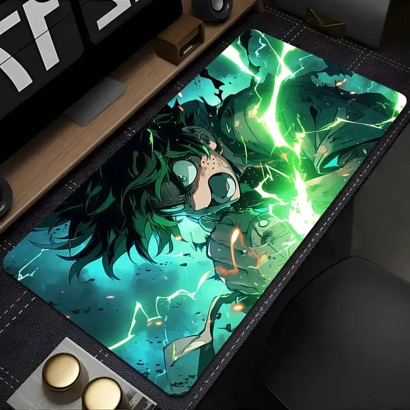 Rectangular black textured hero academia desk mat with vibrant midoriya izuku anime design and dynamic green lightning effects