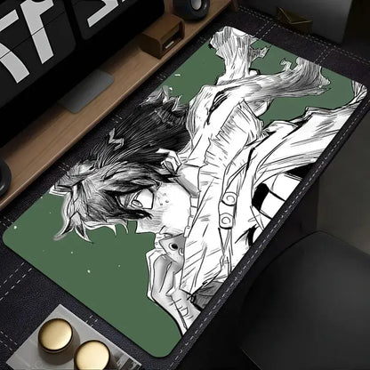 Green midoriya izuku hero academia desk mat featuring black and white dynamic anime character illustration