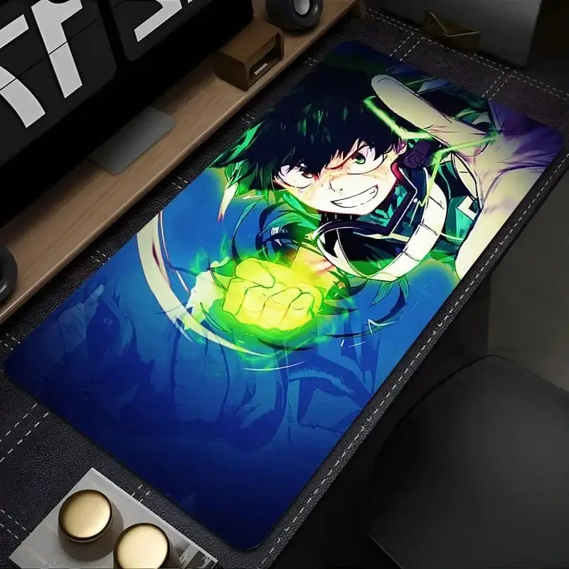 Vibrant blue and green my hero academia desk mat featuring midoriya izuku with black stitched edges 900x400cm