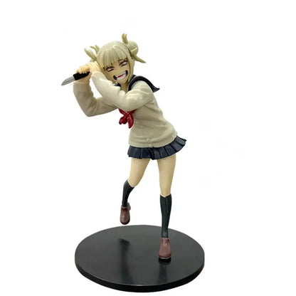 Beige and black anime figure of a girl with blonde twin buns in school uniform holding knife from hero academia midoriya izuku series