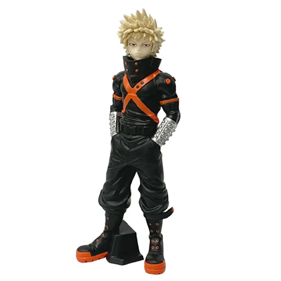 My hero academia anime figure bakugo in black and orange tactical suit with silver gauntlets from midoriya izuku pvc line