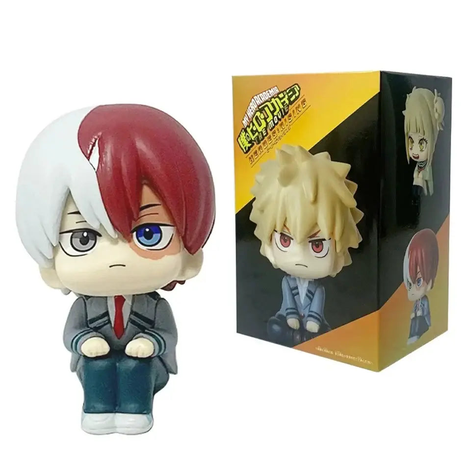 Chibi-style shoto todoroki anime figure with half-white and half-red hair in gray uniform from hero academia collection