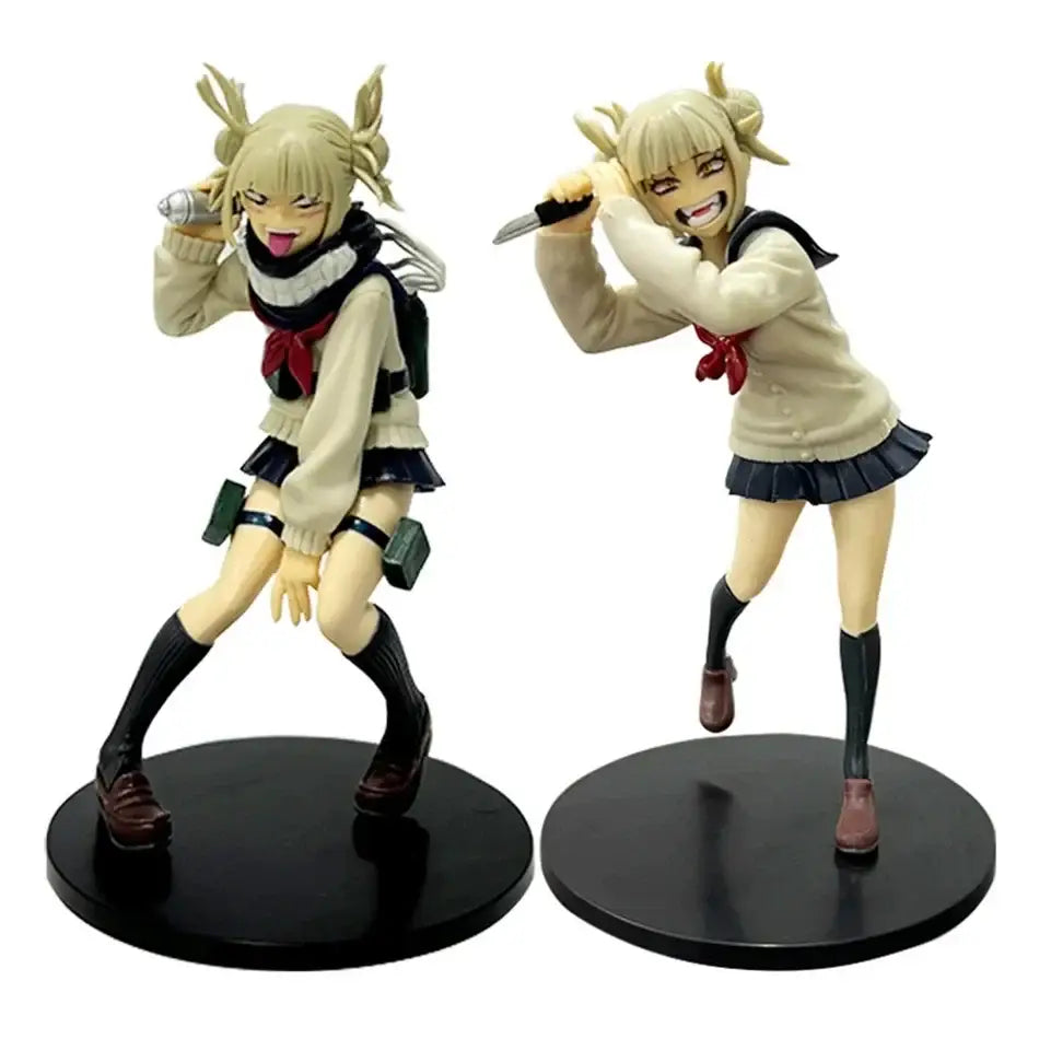 Two beige and black my hero academia anime figures of midoriya izuku with blonde twin buns holding a microphone and knife