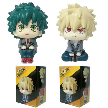 Two chibi-style my hero academia anime figures featuring midoriya izuku and bakugo in gray school uniforms pvc