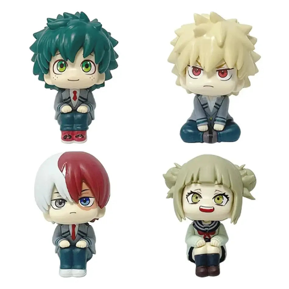 Four chibi-style my hero academia anime figures featuring midoriya izuku with colorful hair and school uniforms pvc design