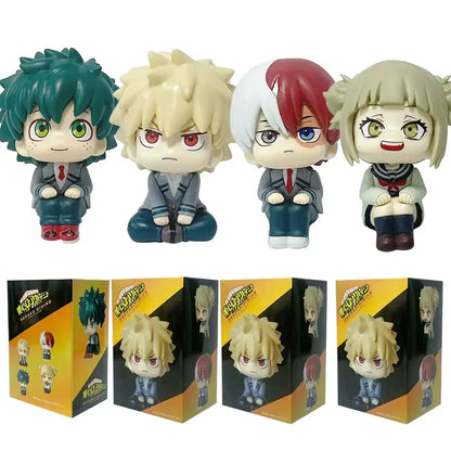 Chibi-style my hero academia anime figures in school uniforms featuring midoriya izuku with distinct hair and eye colors