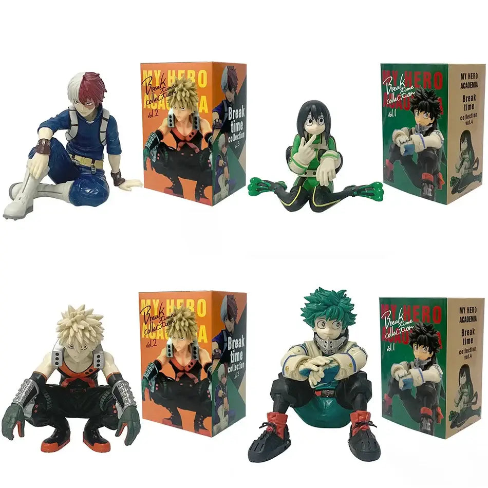 Blue and white my hero academia midoriya izuku anime figure with red hair wearing a blue jacket over black pants