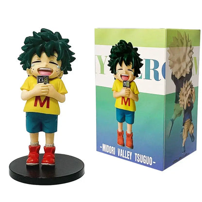 A cheerful green-haired midoriya izuku hero academia pvc figure in a yellow shirt and blue shorts on black base for figure collection