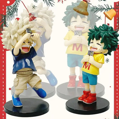 Blue and beige my hero academia midoriya izuku pvc figure with spiky white hair and skull emblem shirt for figure collection