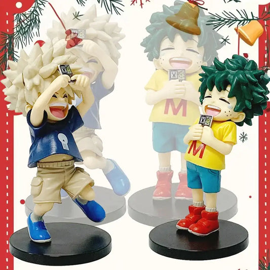 Blue and beige my hero academia midoriya izuku pvc figure with spiky white hair and skull emblem shirt for figure collection