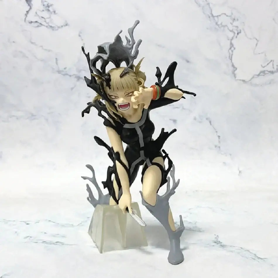 Black and gray pvc statue of hero academia midoriya izuku with blonde hair and black antler-like protrusions on clear base