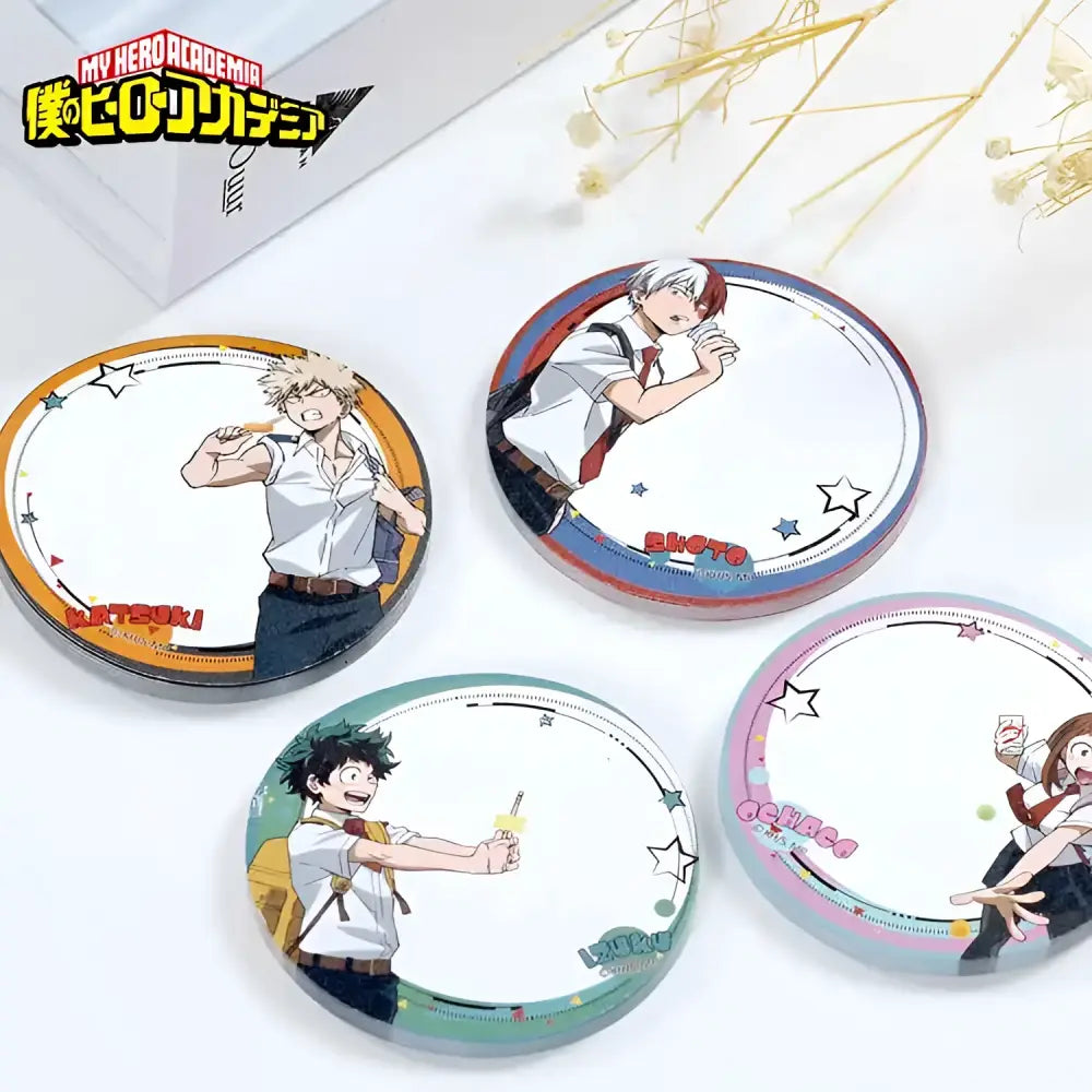 Four circular my hero academia character badges featuring bakugo todoroki midoriya and uraraka in a colorful sticky note set