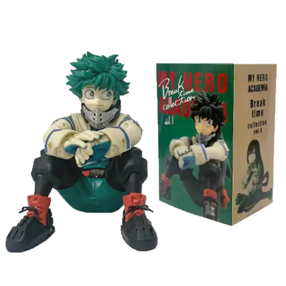 Green-haired izuku midoriya figure from hero academia seated in white and teal uniform with red shoes 11cm pvc