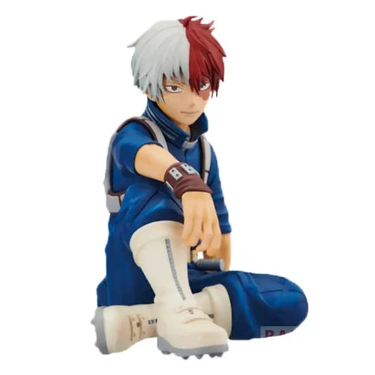 Blue and white hero academia pvc figure of midoriya with red hair wearing blue uniform and beige boots 11cm tall