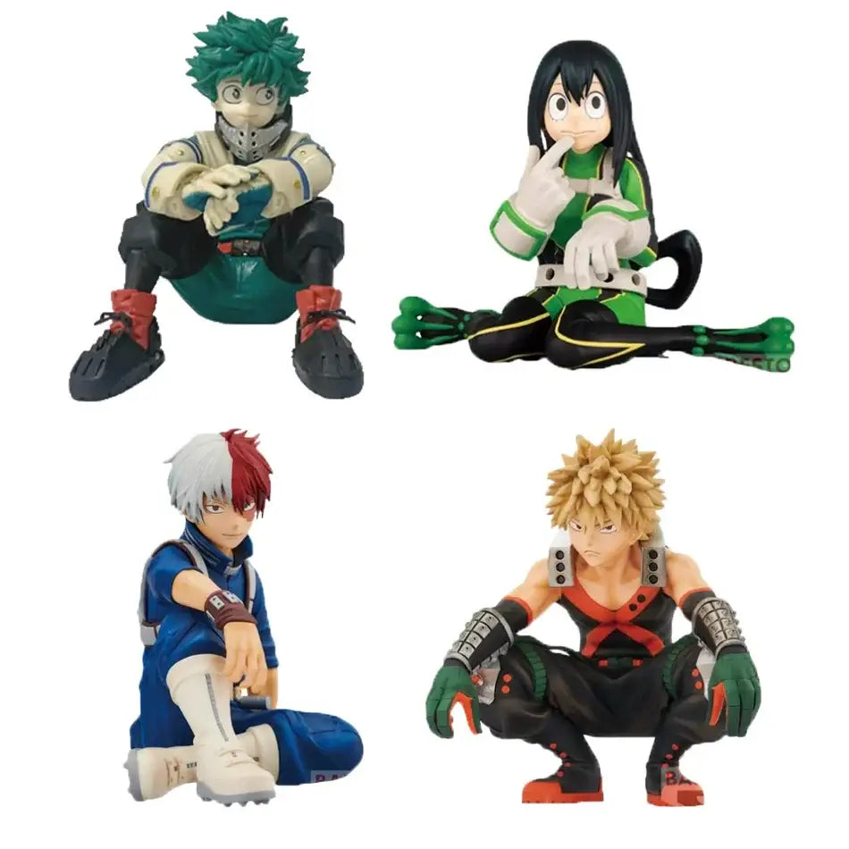Four vibrant 11cm pvc hero academia figurines of midoriya todoroki and bakugou in dynamic poses with detailed costumes