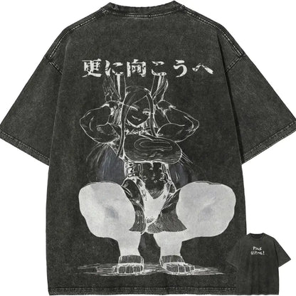 Black distressed denim t-shirt featuring white line-art anime rabbit hero mirko in squatting pose with japanese text hero academia