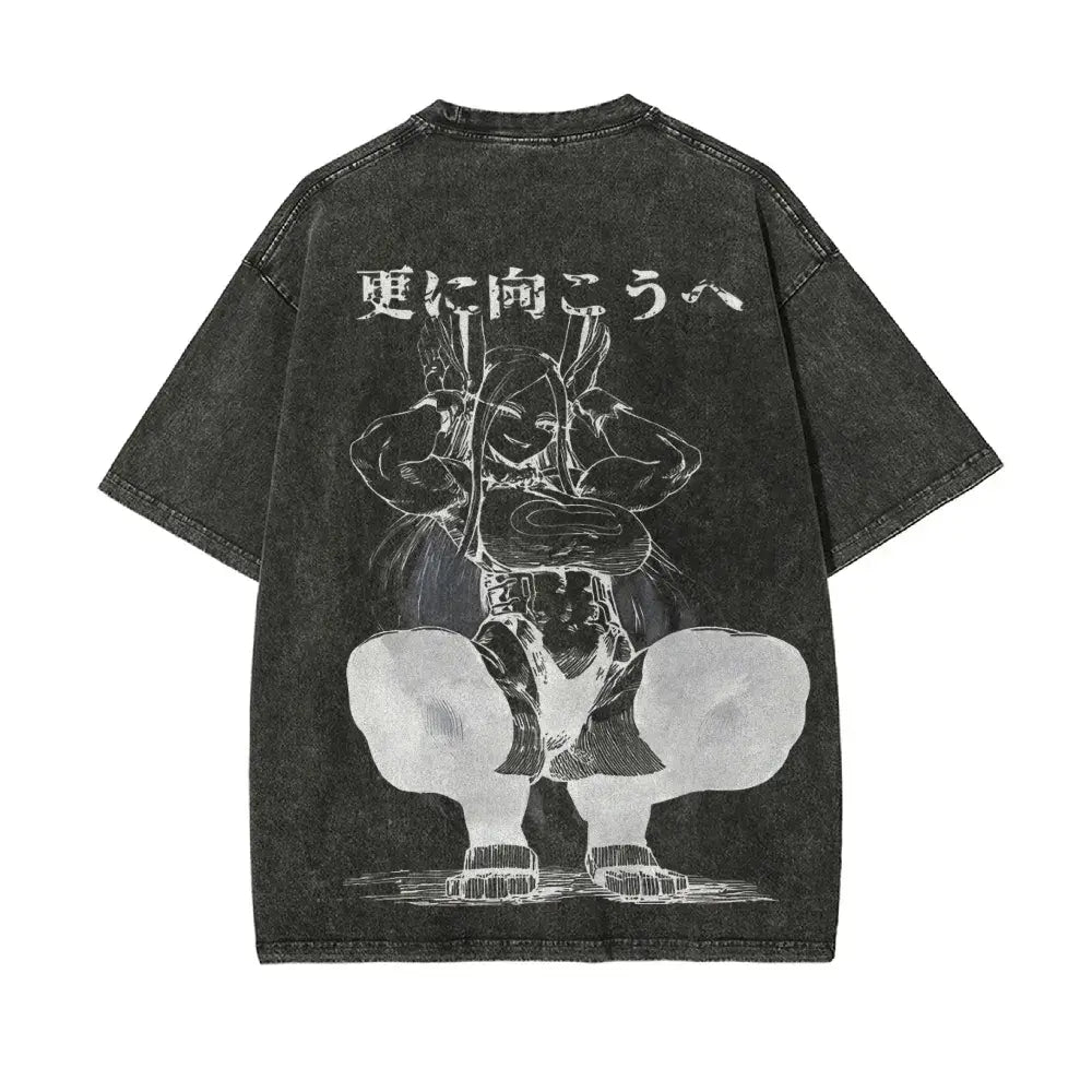 Black distressed denim t-shirt with white line-art of rabbit hero mirko and japanese text from my hero academia