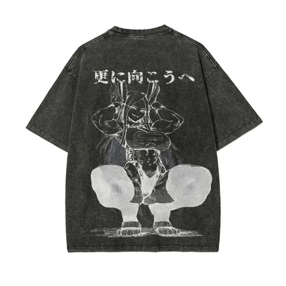 Black distressed denim t-shirt with white line-art of rabbit hero mirko and japanese text from my hero academia