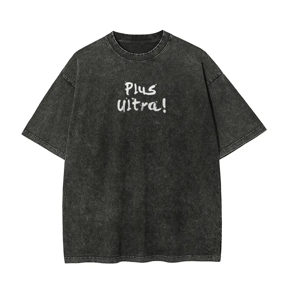 Black distressed denim t-shirt with plus ultra print from my hero academia featuring rabbit hero mirko design