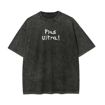 Black distressed denim t-shirt with plus ultra print from my hero academia featuring rabbit hero mirko design