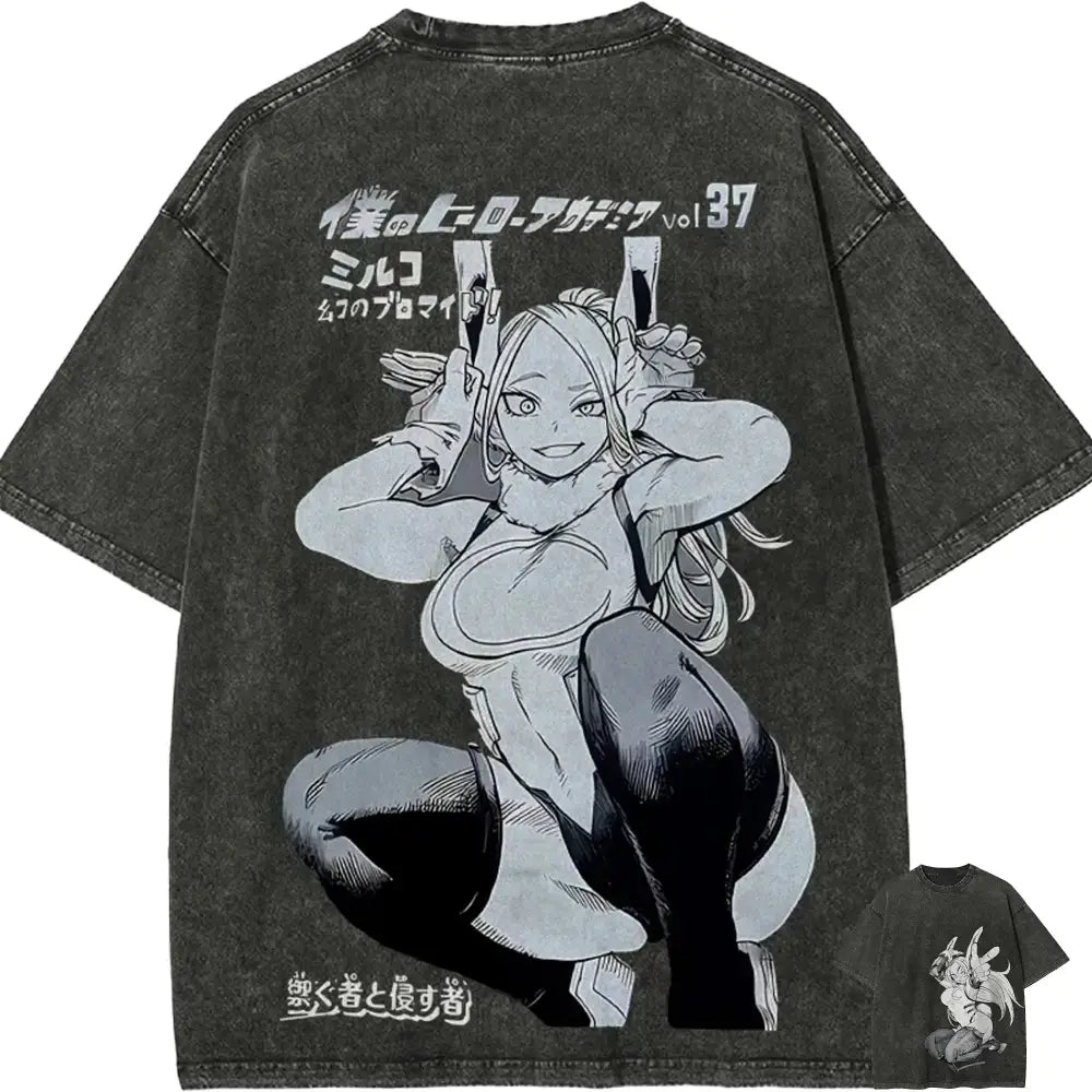 Black distressed denim-style t-shirt featuring a large grayscale mina ashido illustration and japanese text from hero academia