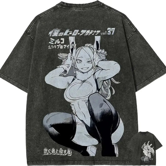 Black distressed denim-style t-shirt featuring a large grayscale mina ashido illustration and japanese text from hero academia