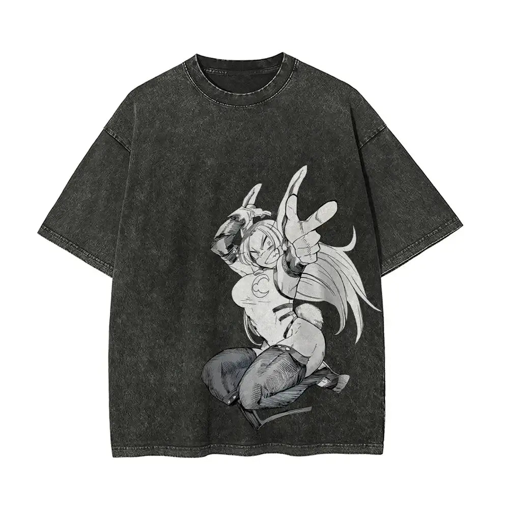 Black distressed cotton t-shirt featuring bold black-and-white mirko anime illustration making peace signs hero academia