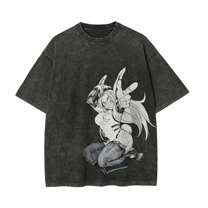 Black distressed cotton t-shirt featuring bold black-and-white mirko anime illustration making peace signs hero academia