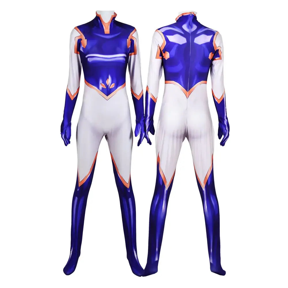 My hero academia mt lady cosplay jumpsuit in glossy royal blue white with copper orange accents for halloween
