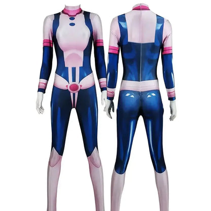Blue and pink glossy full-body hero academia lady cosplay jumpsuit with detailed paneling for halloween use